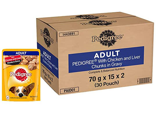 Pedigree Adult (1+ Years) Wet Dog Food, Chicken & Liver Chunks in Gravy Flavour, 30 x 70 g Pouches